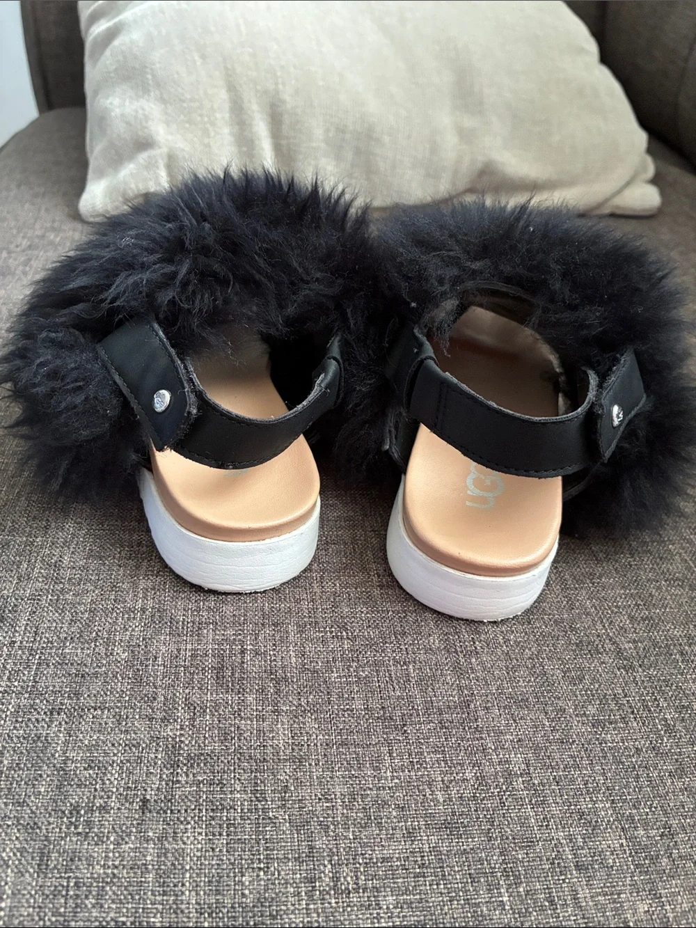 UGG Kids Black Fluffy Slingback Sandals